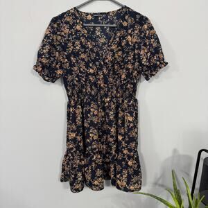 SHEIN Dark Blue Floral Upper Wrap Mini Dress Size Medium Short Sleeves